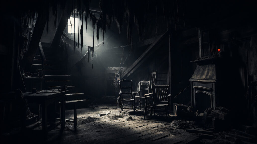 Inside view of haunted house with abandoned chamber, ghostly light and broken furniture. Generative AI.